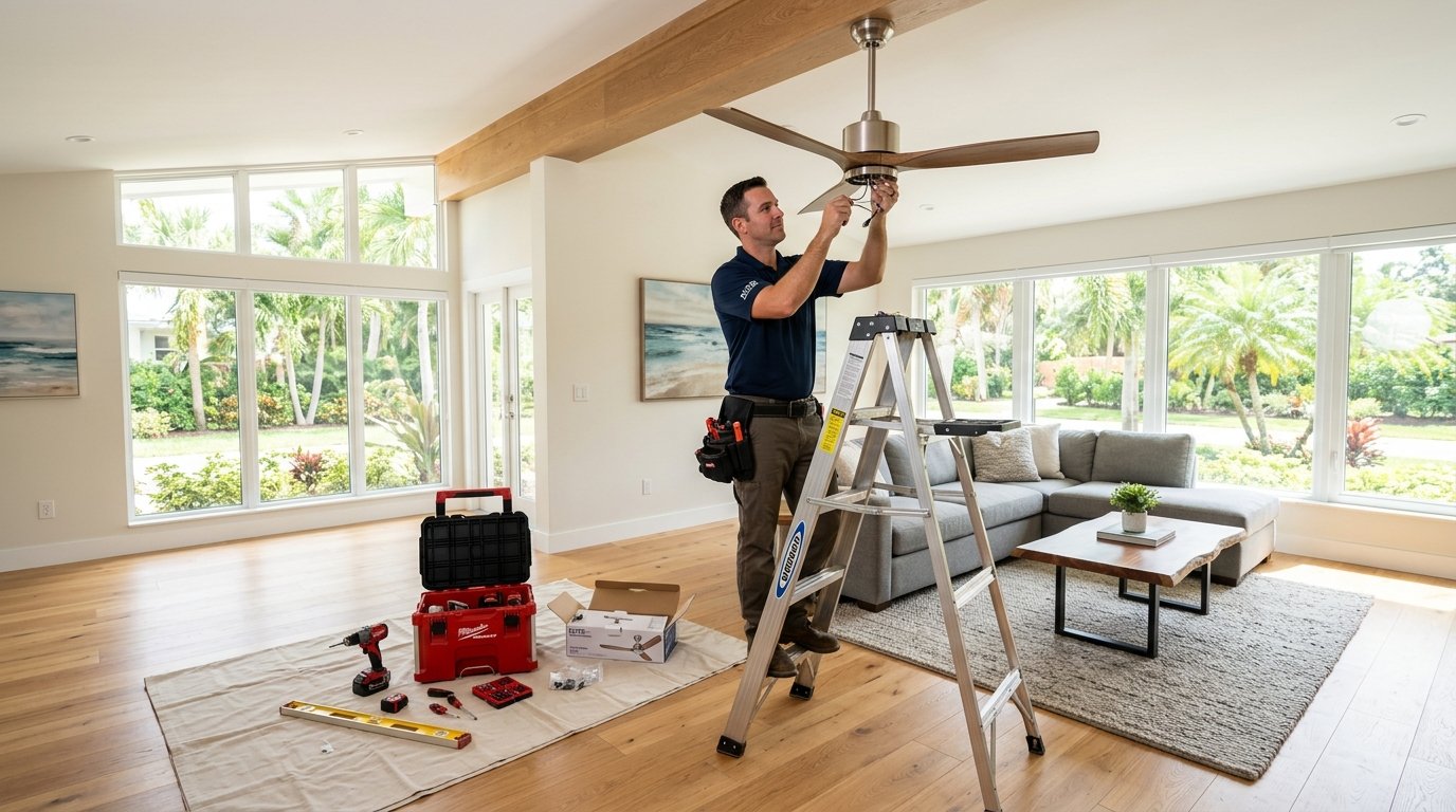 Professional Handyman Installing Ceiling Fan in Orlando Home